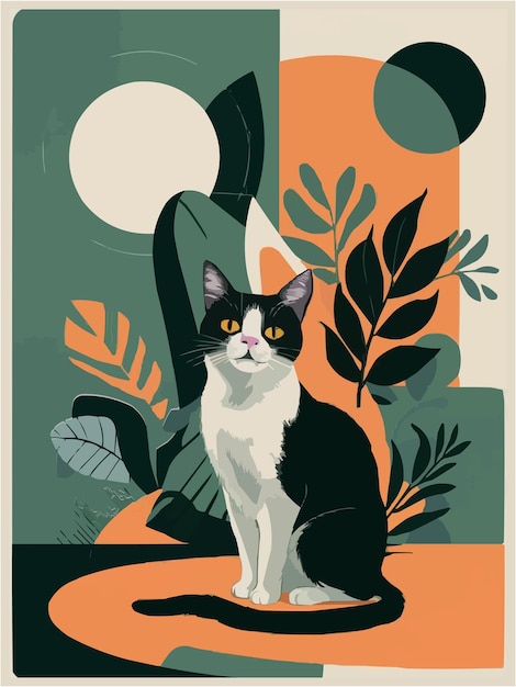 Vector a new black and white cat amid geometric shapes and abstract leaf patterns vector art