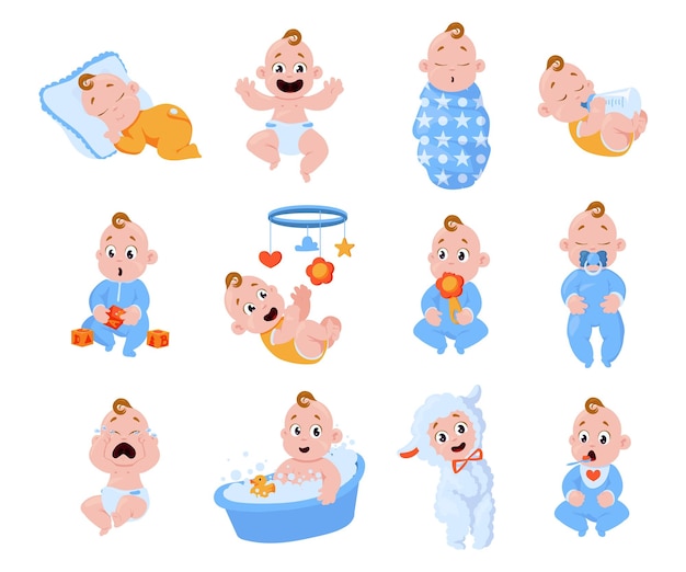 New born baby Cartoon happy toddler boy and girl characters laughing and crying Sleeping or playing little kids Infants with diapers and pacifiers Human age Vector isolated cute cheerful children