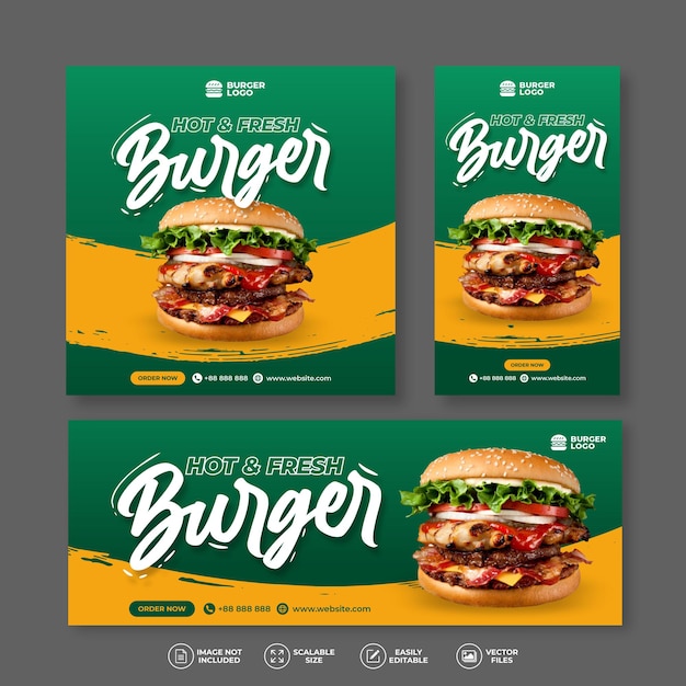 NEW BURGER FOOD RESTAURANT FRESH DELICIOUS BURGER BANNER BUNDLE SET FOR SOCIAL MEDIA POST AND INSTAGRAM STORY FREE MENU PROMO TEMPLATE VECTOR