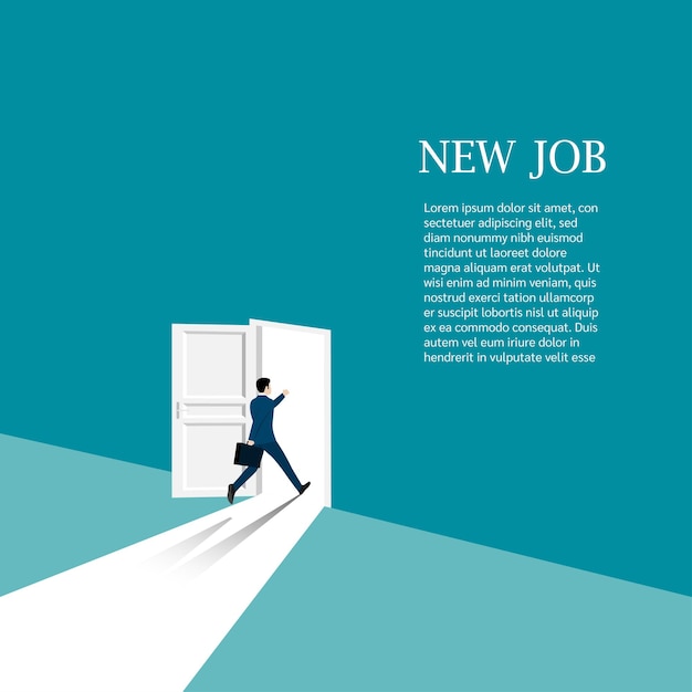 New career concept. Businessman walking go open in the door looking for the opportunity for new work. Beginning of business career. Leadership, Startup, Vision, Vector illustration flat