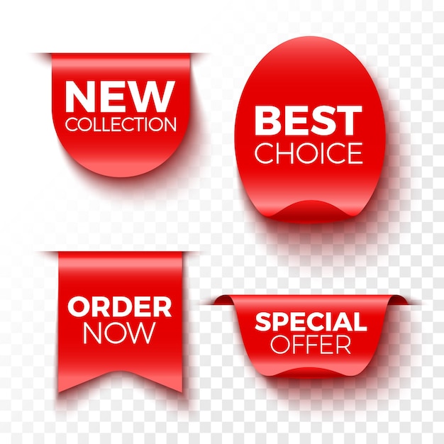 New collection, best choice, order now and special offer banners. Red sale tags. Stickers.  