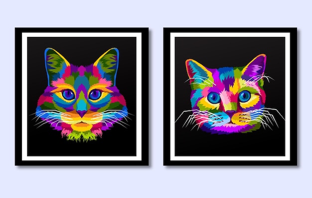 new collection colorful cat head icon on pop art style in frame