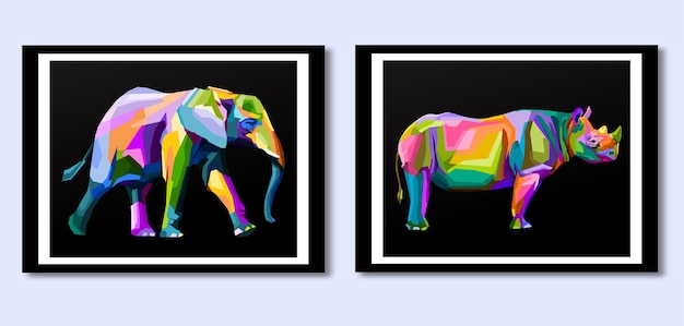 new collection elephant and rhino pop art portrait in frame ready to print