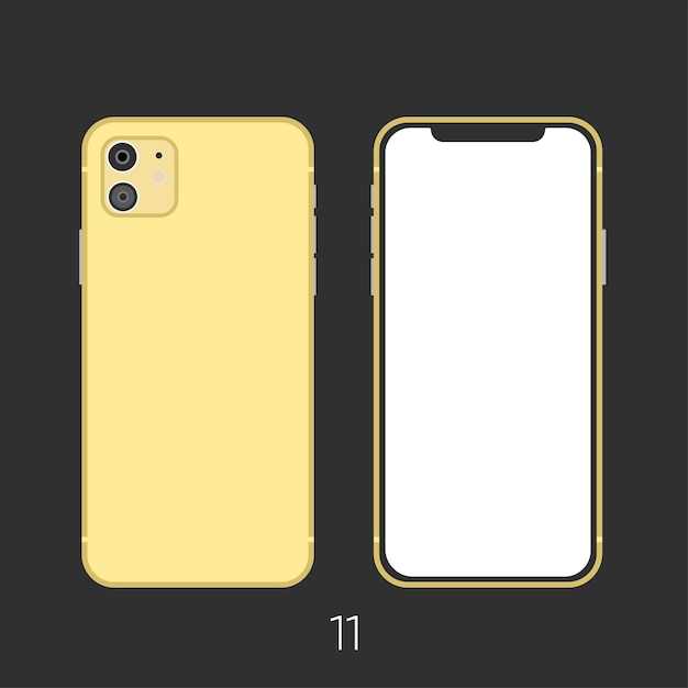 New gold 11 Smartphone mock up frameless blank screen isolated on background. Front and back.