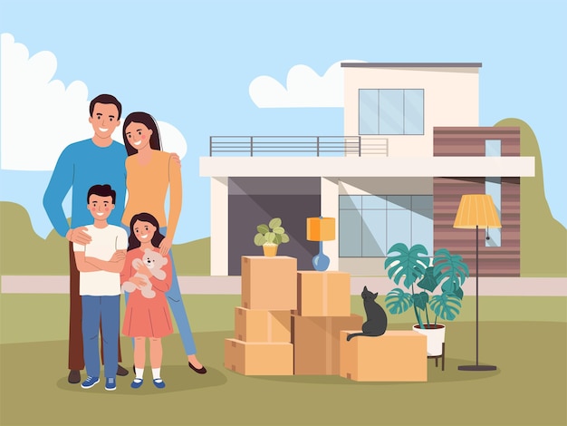 New house for family. Things in the boxes. Moving House. Vector illustration