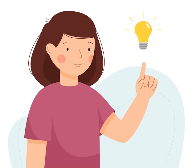 New idea concept Girl found a solution to the problem Woman pointing her finger at a light bulb