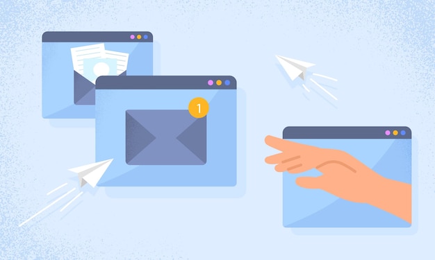 New incoming email hand reaches for paper plane communication on internet and business