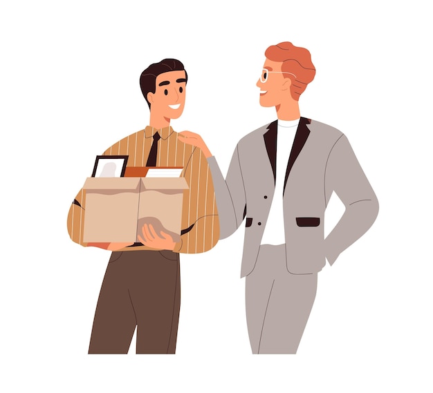 New job concept. Happy office worker starting career, arriving with box to workplace on first day. Colleague welcoming and greeting employee. Flat vector illustration isolated on white background