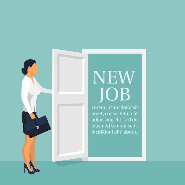 New job concept Woman opens door looking for work Welcome employee Successful businesswoman in suit with briefcase Beginning of business career Vector illustration flat design