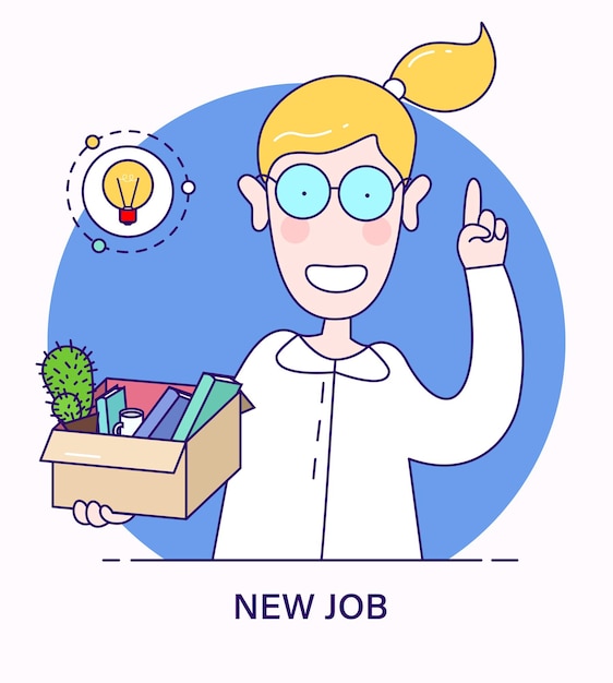 New job offer Concept in flat cartoon style Successful smiling woman with box