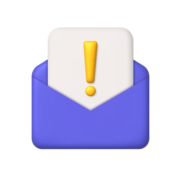 New message 3d icon. Open mail envelope paper exclamation point. 3d realistic vector design element.