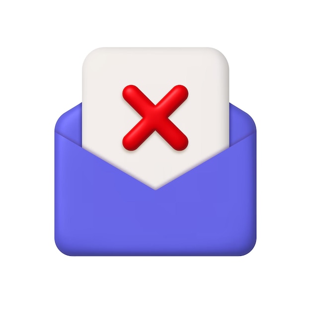 New message 3d icon. Open mail envelope, paper with cross mark. 3d realistic vector design element