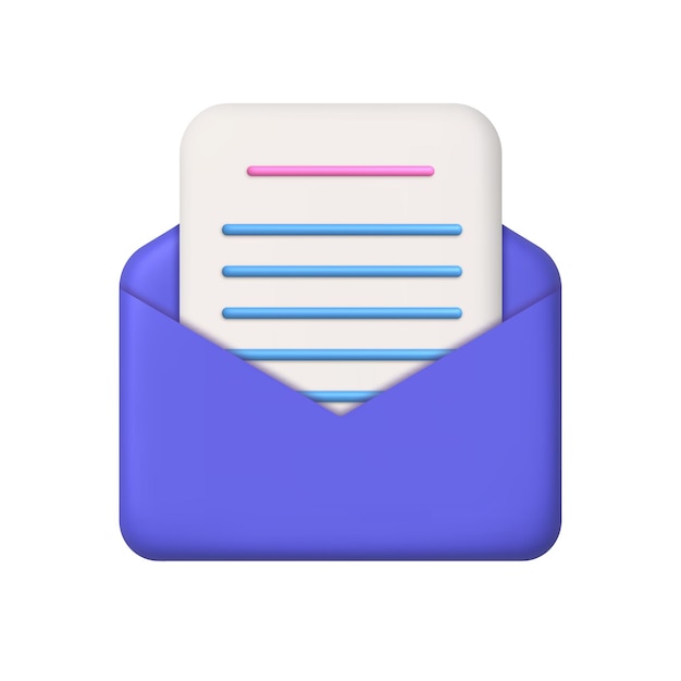 New message 3d icon Open mail envelope, sheet of paper with lines 3d realistic vector design element