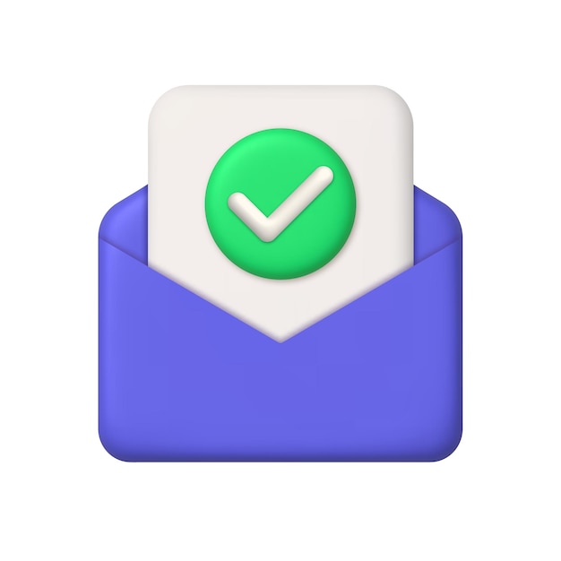 New message 3d icon Purple mail envelope paper and green button with check mark. Vector element