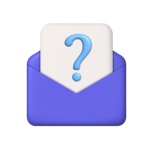 New message 3d icon. Purple mail envelope and paper with question mark. 3d realistic vector element