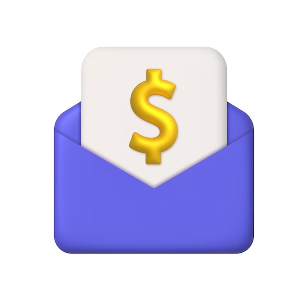 New message icon. Purple open mail envelope and paper with golden dollar 3d realistic vector element