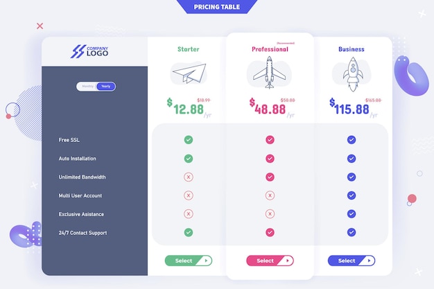 New Modern 3 Plan Pricing Table Template Design