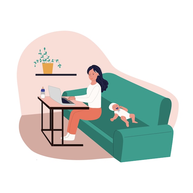 New mom freelancer working from home with child