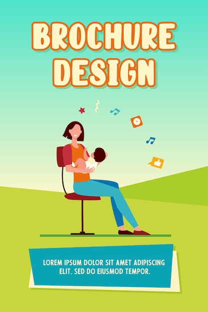 New mom holding baby in arms. Mother and little kid sitting on chair flat vector illustration