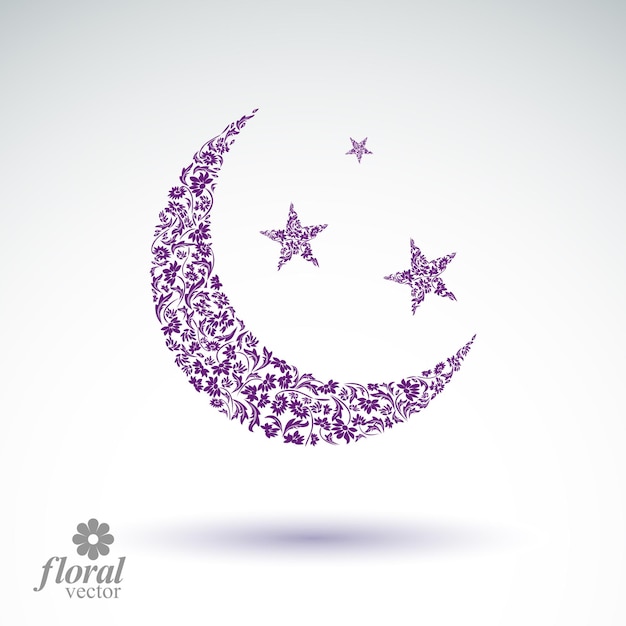 New Moon placed on a starry sky beautiful vector art illustration, flowery lullaby stylized icon, sleep time idea. Floral-patterned moony night image, can be used in advertising and web design.