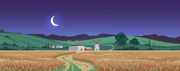 New moon above wheat fields  color  illustration