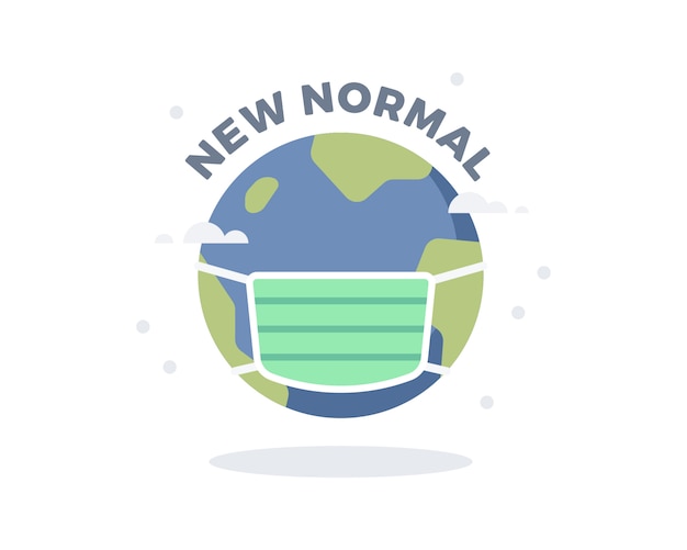 New normal illustration with cute earth globe icon wearing surgical mask or face mask