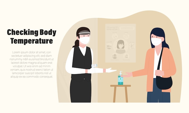 New normal of restaurant infographic with checking body temperature in a restaurant illustration