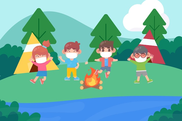 New normal in summer camps premium Vector