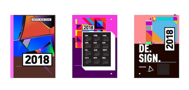 New Year 2018 Calendar Cover Template. Set of Calendar and Poster with Colorful Memphis Style background.