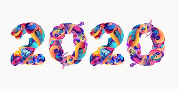 New year 2020 colorful doodle letter typography 