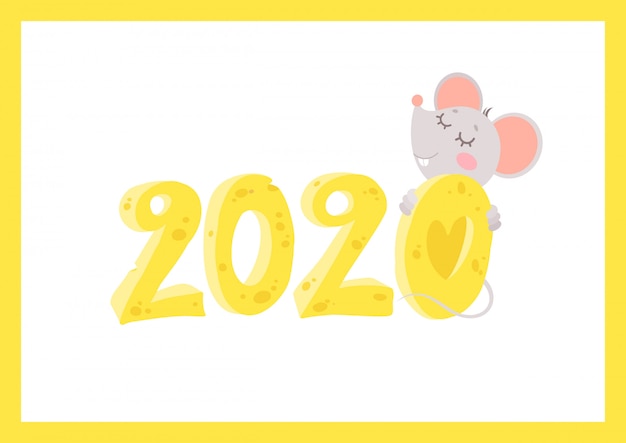 New Year 2020 flat vector greeting card with mouse template