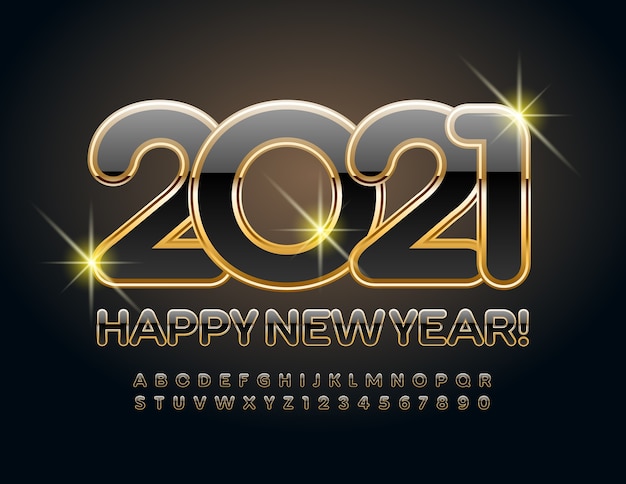 New Year 2021. Royal Font. Black and Gold Alphabet Letters and Numbers