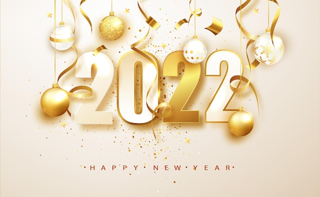 New year 2022. Banner with numbers date 2022 Christmas decoration and confetti on white background. Holiday greeting card design