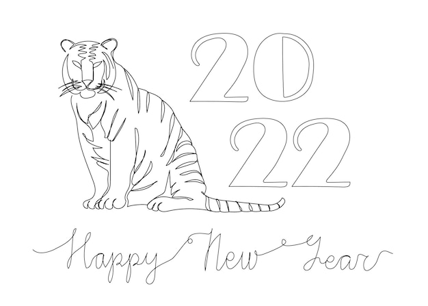 New year 2022 card with tiger symbol one line art. Continuous line drawing of new year holidays, christmas, chinese new year, symbol of the year, tiger, wild cat.