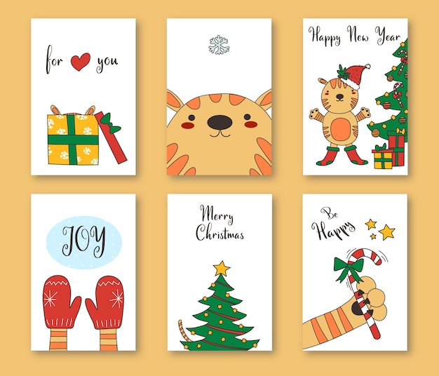 New year 2022 cards. Merry christmas poster with cartoon tiger decorate tree. Baby tigers in santa hat. Happy holidays greeting vector set. 2022 holiday banner graphic illustration EPS