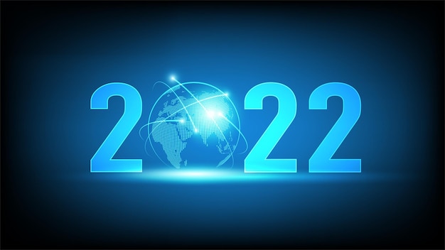 New Year 2022 Futuristic globe digital transformation abstract technology with blue background