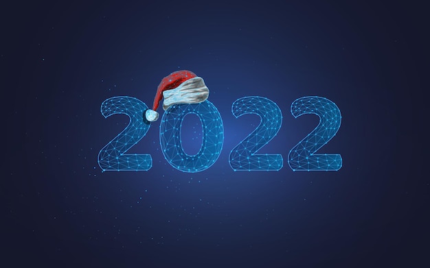 New Year 2022 and Santa Claus hat in wireframe style