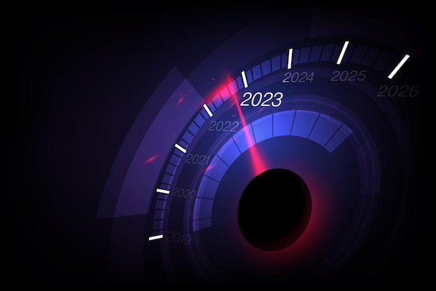 New year 2023 car speedometer red indicator on black blur background