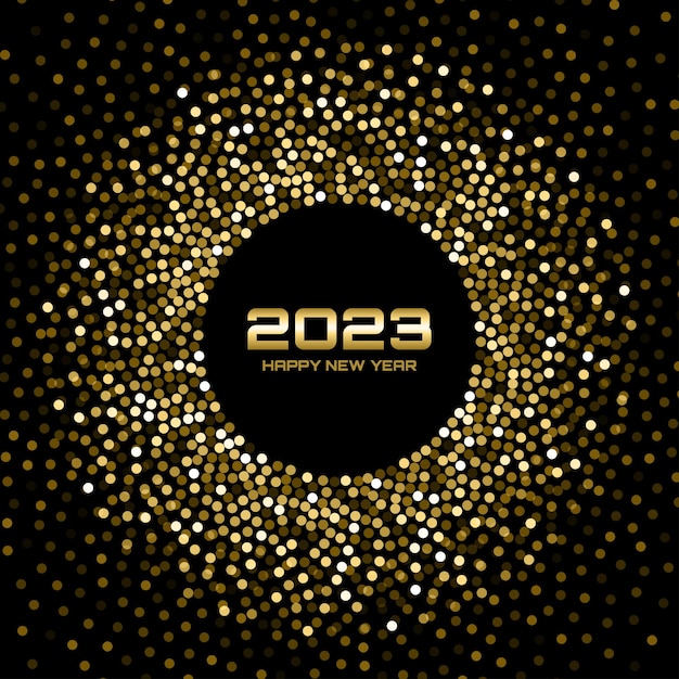 New Year 2023 Card Background Gold glitter paper confetti Glistening Golden Disco Lights Glow frame