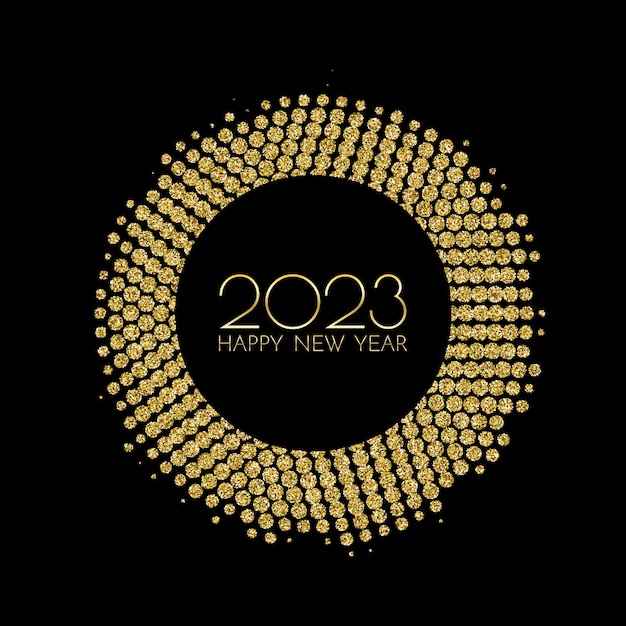 New Year 2023 greeting card 2023 golden New Year sign and golden sparkles on dark background Vector illustration of happy new year 2023