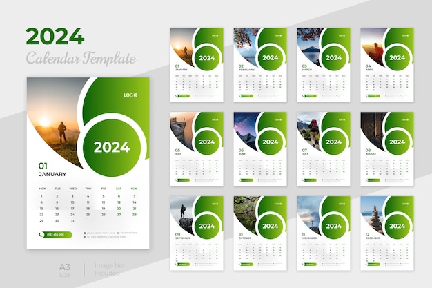 New year 2024 wall calendar text typography design template