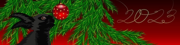 New Year banner for the site, a black rabbit on the background of Christmas tree branches, 2023