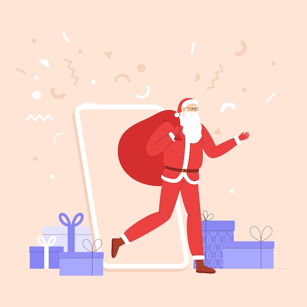 New Year banner or social media banner with Santa running out of the phone with a huge bag of gifts.