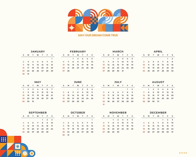 New Year Calendar 2022 With Custom Letter number in geometric header Design Style