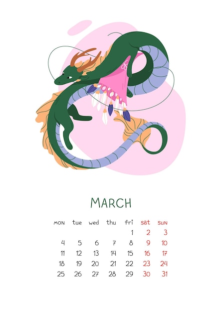 new year calendar with chinese green dragon and bouquet of flowers symbol lunar new year