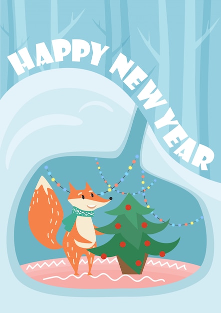 New Year card with cute fox and decorated fir tree in lair.