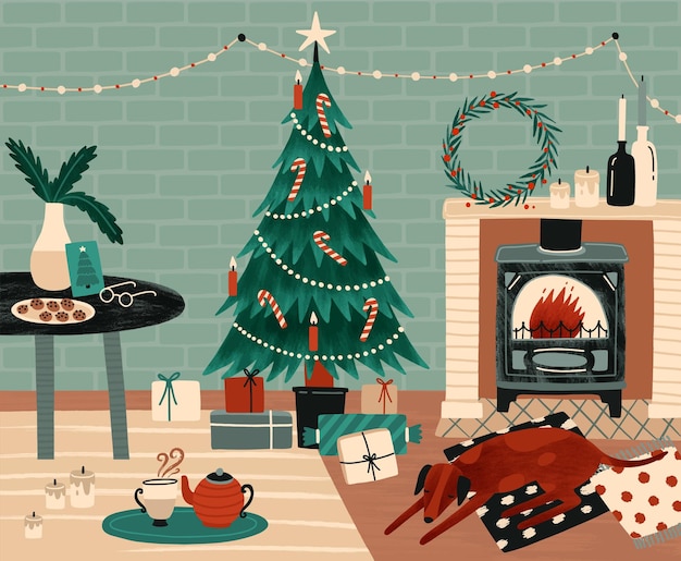 Vector new year celebration preparation vector illustration. christmas festive atmosphere. home coziness, xmas celebration. decorated christmas tree and fireplace in room. winter holidays attributes.