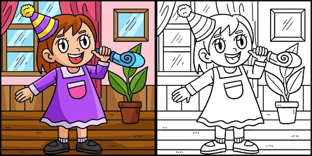 New Year Child Blowing Horn Coloring Illustration