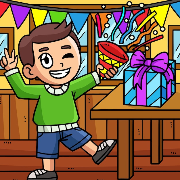 New Year Child Popping Confetti Colored Cartoon