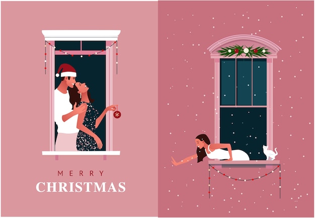 New Year or Christmas celebration. Lockdown. Quarantine life. Window frames with neighbors celebrating. Snow. Colorful illustration in modern flat style.